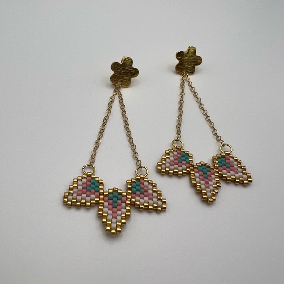 Delicate Gold Floral Dangle Earrings - Cute Beaded Flower Earrings - Picture 7 of 13